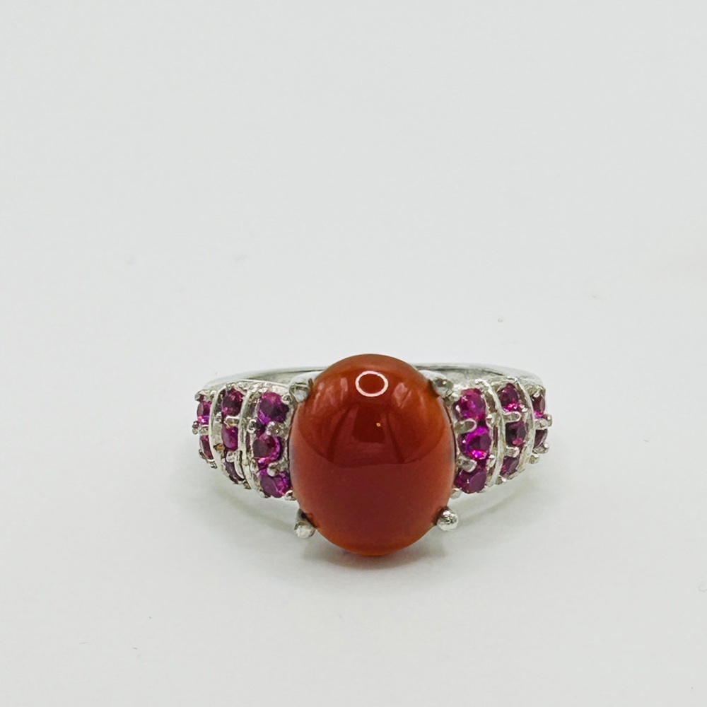 Red Agate and Garnet Ring; Size 6.75; Stainless Steel